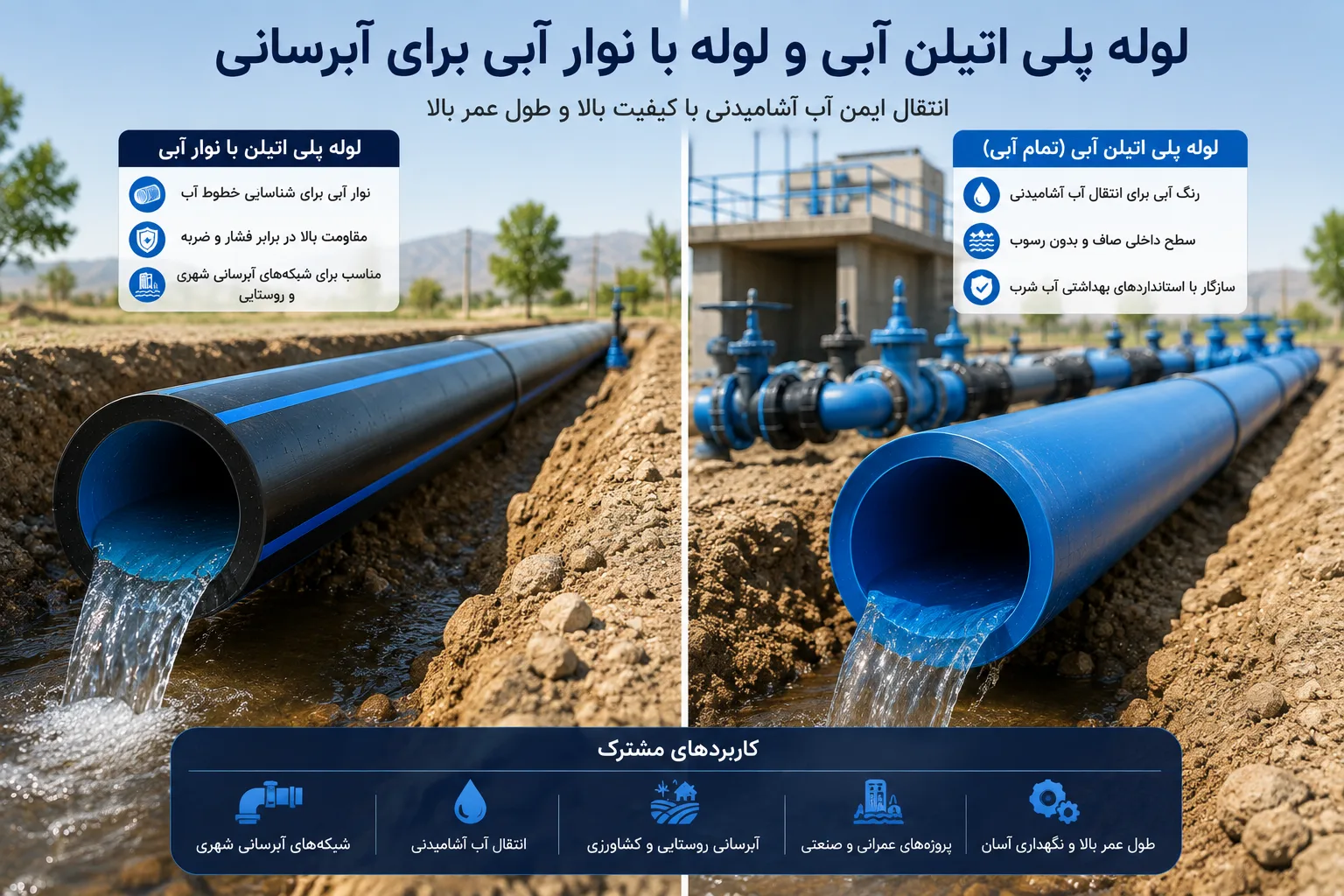 لوله مشکی با نوار آبی و لوله کاملاً آبی در یک پروژه آبرسانی، با جریان آب در داخل لوله